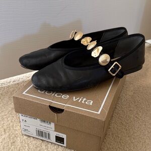 Dolce Vita Black Leather Flats with Gold Embellished Strap